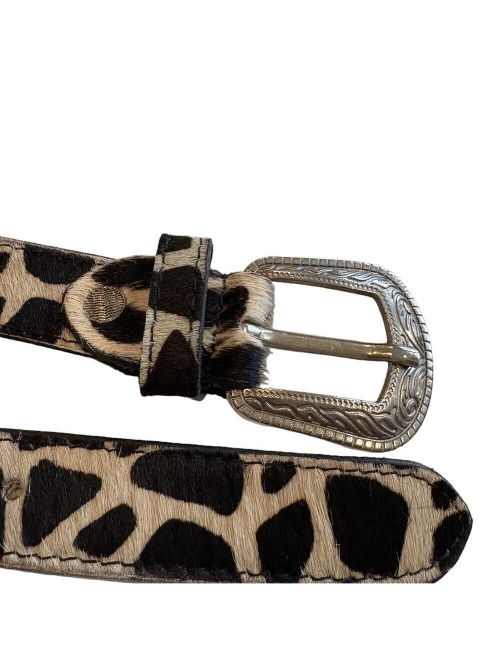 Leather cow hair animal print western belt. Silvertone buckle.  36” long